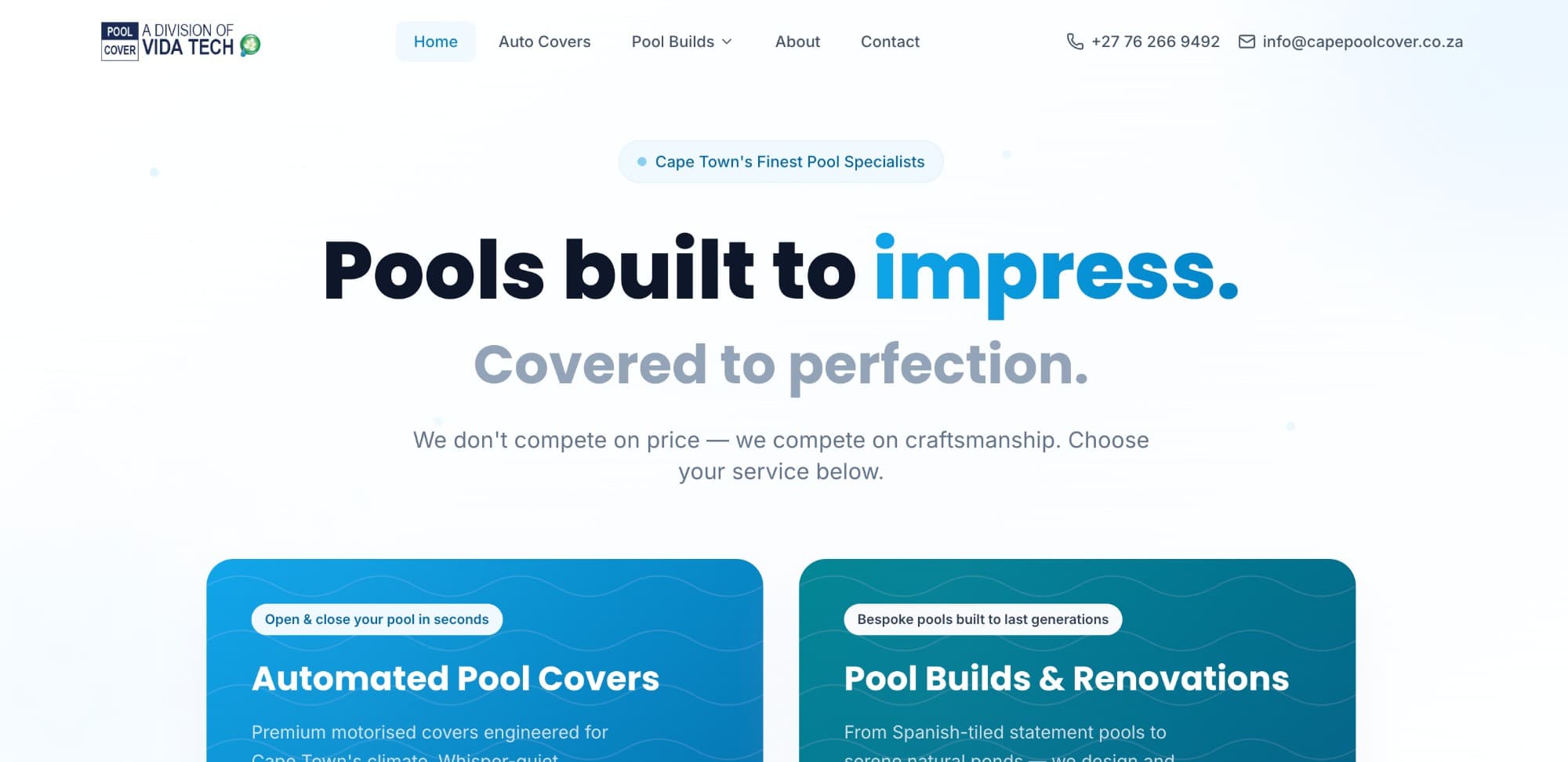 Cape Pool Cover — A clean, high-converting site for Cape Town's leading automated pool cover and pool build specialists. Two distinct service lines, one polished site.