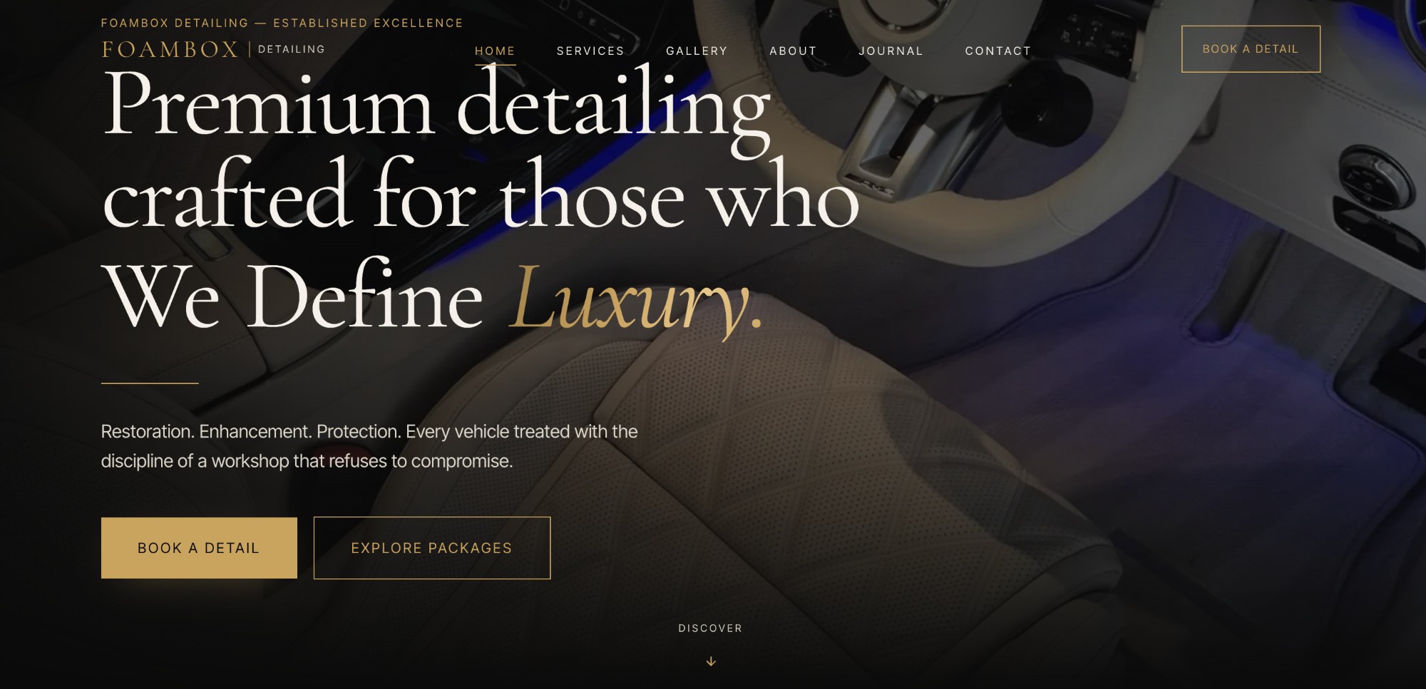 Foambox Detailing — A dark, luxury site for a premium car detailing outfit — built around the work itself, with a before/after gallery, filterable services, and one-tap WhatsApp booking.